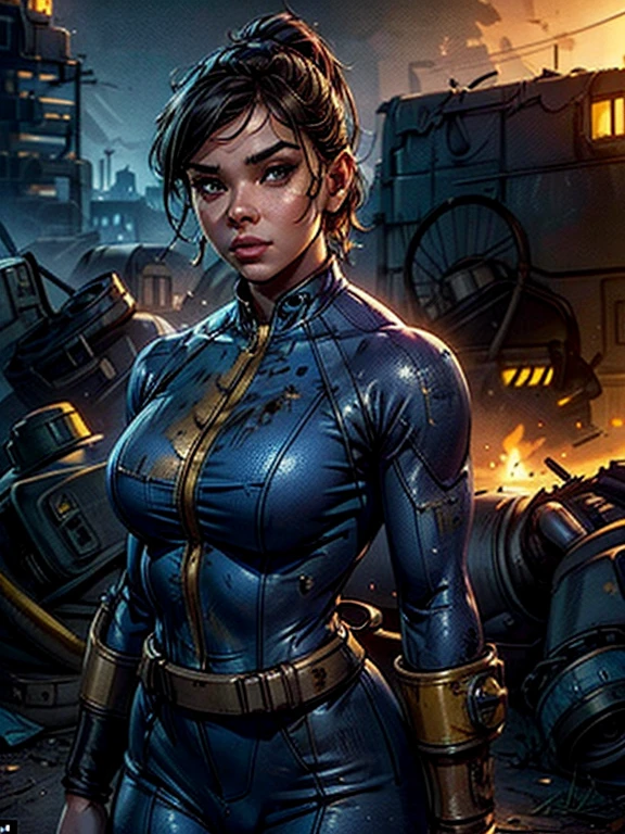 1girl, a girl in a fallout vault wearing a dark blue and yellow Fallout vault jumpsuit, pip-boy 3000, ponytail brunette hair, round breasts, detailed cleavage visible, post-apocalyptic, nuclear wasteland, desolate, ruined city, dramatic lighting, cinematic, photorealistic, 8k, hyper detailed, masterpiece, beautiful detailed face, beautiful detailed eyes, beautiful detailed lips, beautiful detailed nose, vaultsuit, looking at the viewer 