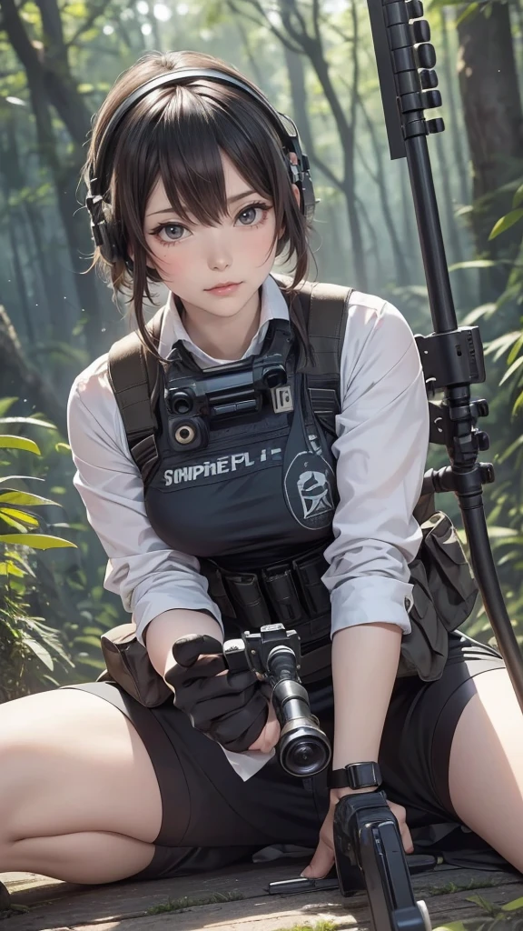 (masterpiece),(Highest quality),(High resolution),(Very detailed),One Woman,4,Mature Woman,Japanese,Black Hair,Short Bob,Beautiful Eyes,Long eyelashes,Beautiful Hair,Beautiful Skin,strict,whole body,break(((aim at something with a sniper rifle))),((View the sights))(Lying down),((Sniper Rifle)),Army Camouflage Uniform,Bulletproof vest, Combat Boots, Tactical Forster,Tactical Headset,(The background is a dense forest),(((Background Blur)))