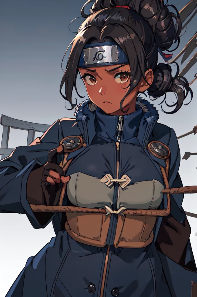 joninvest, ((heavy navy colored overcoat coat with fur)), forehead protector, black headband, konohagakure, japanese village background, brown skin, black hair, messy bun, extremely curly hair, <lo (best quality, masterpiece, RAW photo,ultra-detailed:1.2), 1girl, solo, looking at viewer, action pose