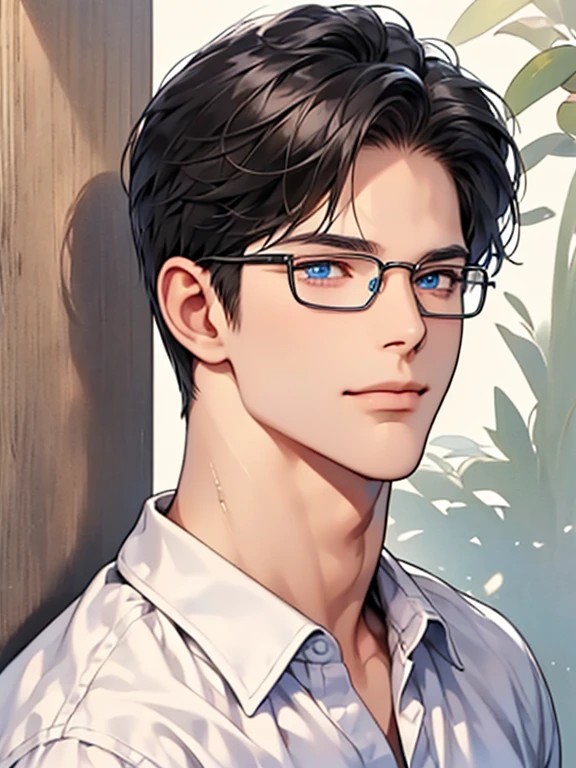 a man with black hair, blue eyes, and glasses wearing a white shirt, detailed facial features, realistic and high resolution, masterpiece, mugshot style against a wall background. CEO, Office home. Expression smile in love.