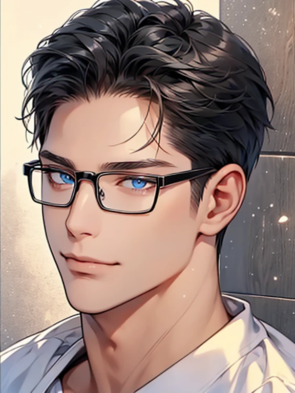 a man with black hair, blue eyes, and glasses wearing a white shirt, detailed facial features, realistic and high resolution, masterpiece, mugshot style against a wall background. CEO, Office home. Expression smile in love.