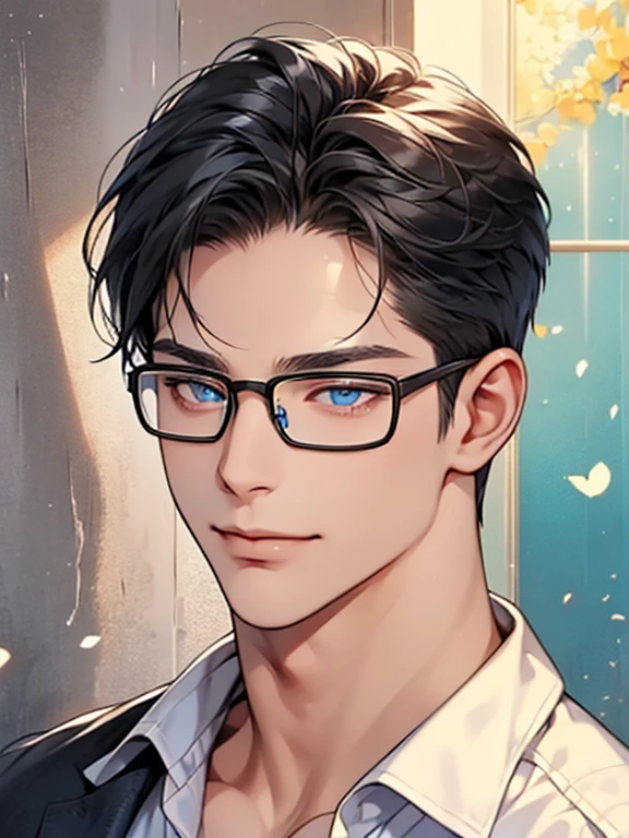 a man with black hair, blue eyes, and glasses wearing a white shirt, detailed facial features, realistic and high resolution, masterpiece, mugshot style against a wall background. CEO, Office home. Expression smile in love.