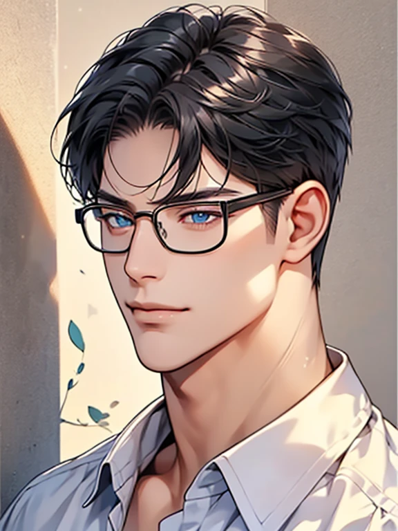 a man with black hair, blue eyes, and glasses wearing a white shirt, detailed facial features, realistic and high resolution, masterpiece, mugshot style against a wall background. CEO, Office home. Expression smile in love.