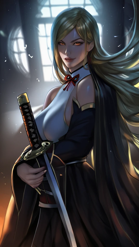 girl with long yellow hair, orange eyes, naughty face, shiny skin, sweating, holding sword, looking at viewer, floating hair, sunset, katana, rage pose condition aura, best quality, 8k, masterpiece, extremely detailed, photorealistic, cinematic lighting, vibrant colors, intricate details, solo, 1 girl, bare shoulders, detached sleeves, long sleeves, medium breasts, perfect anatomy, hearts, pleasured expression