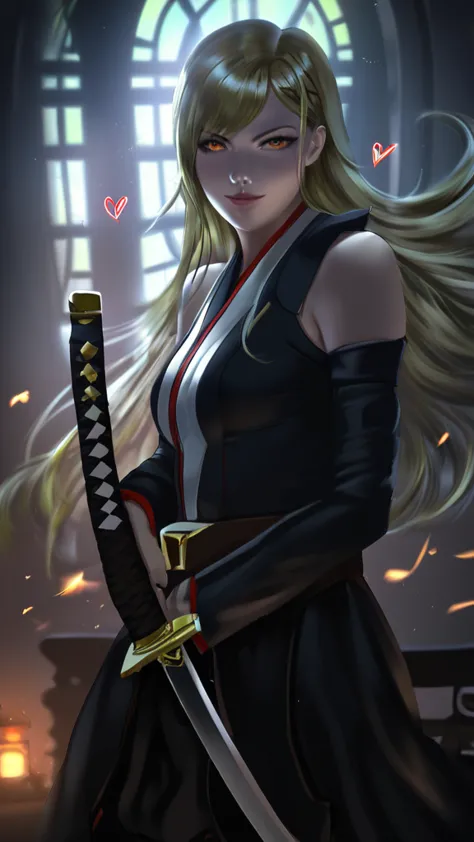 girl with long yellow hair, orange eyes, naughty face, shiny skin, sweating, holding sword, looking at viewer, floating hair, su...