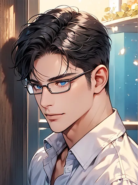 a man with black hair, blue eyes, and glasses wearing a white shirt, detailed facial features, realistic and high resolution, ma...