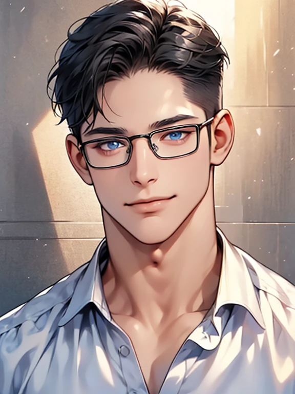 a man with black hair, blue eyes, and glasses wearing a white shirt, detailed facial features, realistic and high resolution, masterpiece, mugshot style against a wall background. CEO, Office home. Expression smile in love.