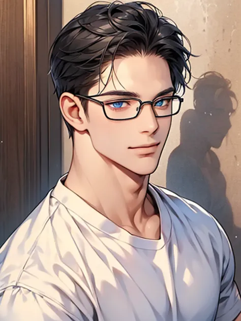 a man with black hair, blue eyes, and glasses wearing a white shirt, detailed facial features, realistic and high resolution, ma...