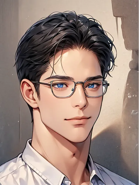 a man with black hair, blue eyes, and glasses wearing a white shirt, detailed facial features, realistic and high resolution, ma...