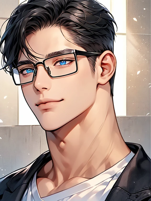 a man with black hair, blue eyes, and glasses wearing a white shirt, detailed facial features, realistic and high resolution, masterpiece, mugshot style against a wall background. CEO, Office home. Expression smile in love. Mansion