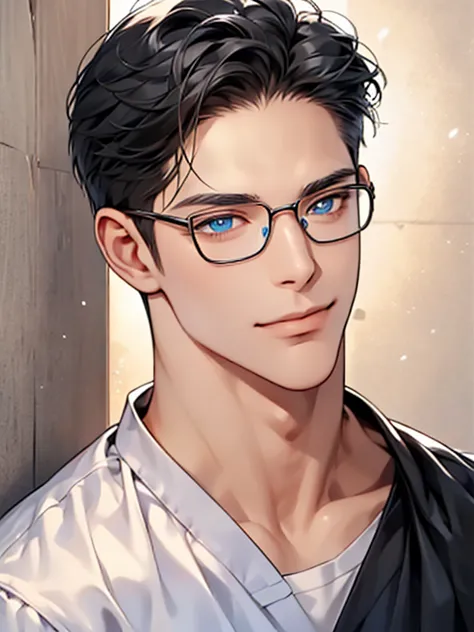 a man with black hair, blue eyes, and glasses wearing a white shirt, detailed facial features, realistic and high resolution, ma...