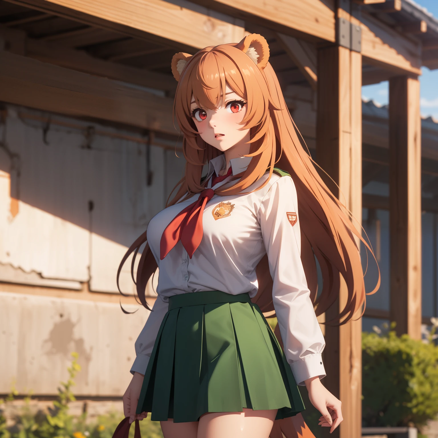 Raphtalia, woman 22 orange-blond hair , bear ears, Red eyes como rubíes. Red eyes, confused expression, big breasts.  white school shirt, short green skirt. background a school. uniform 