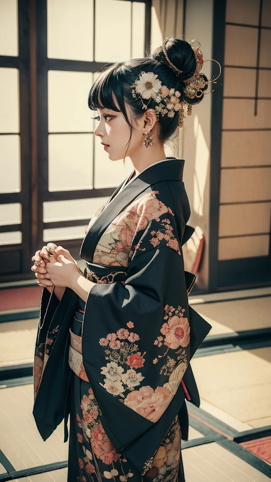 masterpiece, Highest quality, A stately Japanese-style room with tatami mats, A large photograph of a woman from head to waist, profile, Chain motif accessories, (Her clothes are loose、The chest is exposed, Punk Rock Kimono, black地に赤＋Money:1.3), (black＋Orange Hair Color, Medium Hair, Hair Bun), (blackい瞳, Sparkling eyes), (Lots of eyelashes)