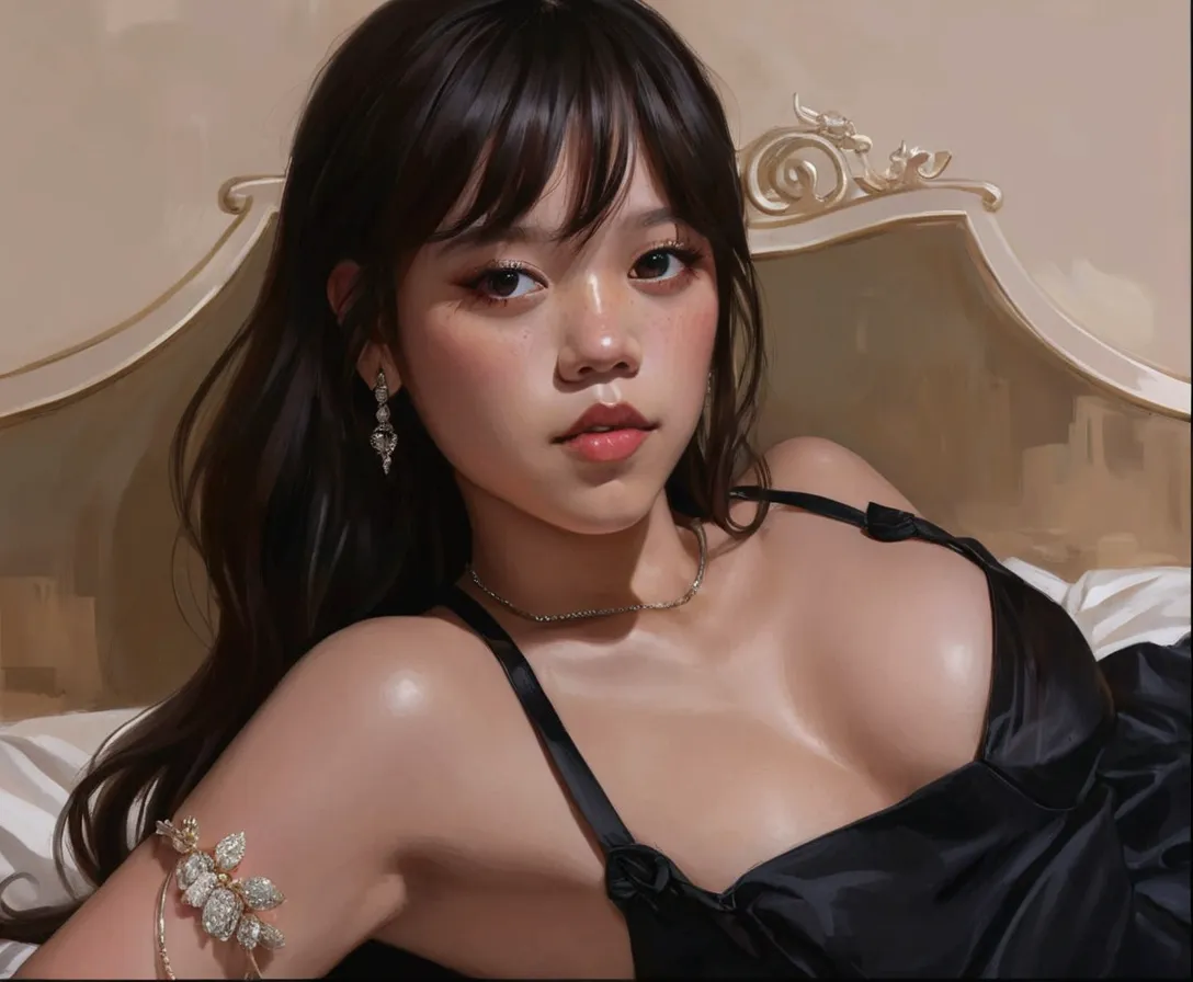 asian woman araffed in a black dress lying on a bed, 🤤 girl portrait, bright digital painting, realist cute girl painting, shiny...