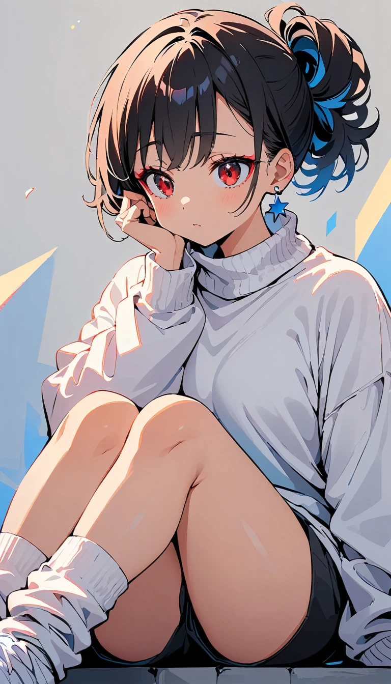 (high quality, 8k, 4K, High Contrast, masterpiece:1.2, 最high quality, Best aesthetics), (Dynamic Angle), ((1 female)),((Sitting on the ground facing forward)), , ((Plain and bright background)), ((Flat Color)), (Gray oversized sweater), ((Black shorts)),(White loose socks),  Looking at the audience, Transparent Background, (Cool look), Sleepy eyes, High Contrast, Contrasting colors, , Pale pink and blue lighting, ((Short Hair)) , (Tied Hair), Black Hair, Red eyes, Droopy eyes, (Narrow eyes), Small star-shaped earrings in both ears, bright eyeshadow,low angle shot