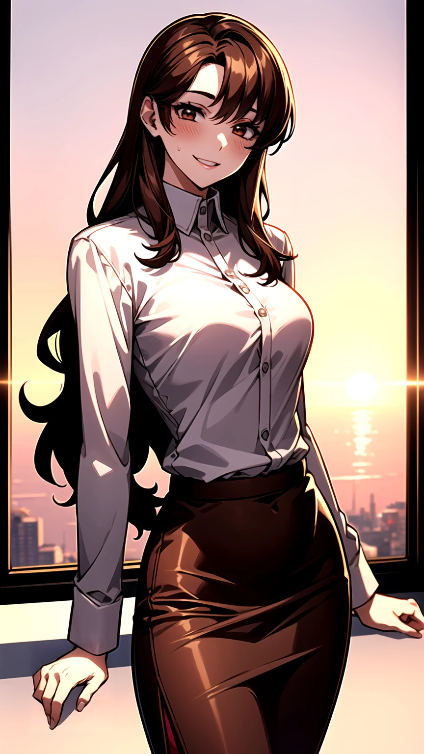 （（super high quality,Ultra-high resolution,16K,super masterpiece,Ultra HD ,Detailed shading,））A hilltop illuminated by the setting sun,One sexy mature woman,（（popped Tight collar Pink shirts,sexly,））Folded long sleeves,Red pencil skirt,Looking at the camera,Brown medium long hair,A kind smile,blush,Thick lips,