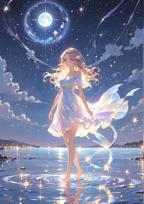 a girl standing alone under the starry night sky, with her silhouette illuminated by the soft moonlight and twinkling stars. her...