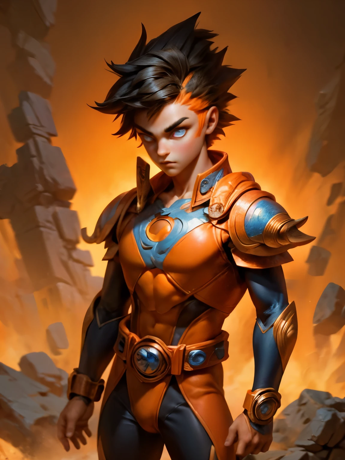 Gender: male
Eye color: orange
Physical appearance: handsome, teenage boy,has a tube oxygen, 
Description: rebellious, artistic,power ranger style, and cynical.