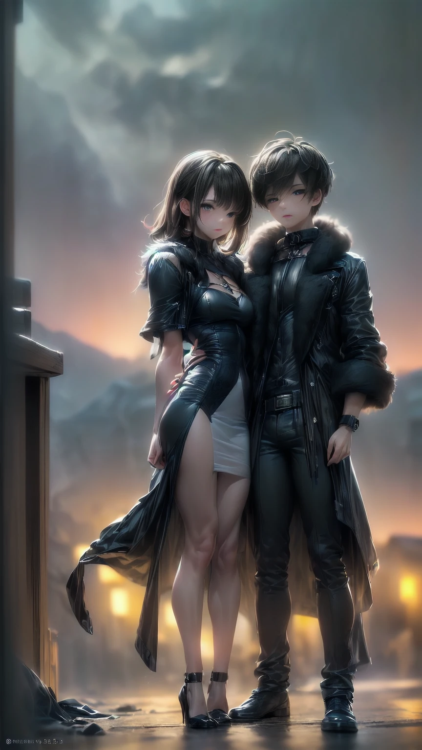 (a straight straight anime couple: 1.5, dark style, large eyes, Small pieces, fluffy black fur:1.5), (dark gothic, Victorian Gothic Steampunk Style:1.47), Dark, ambiente oscuro con decoraciones de calaveras 32K, Fairy tale: 1.4, camera cut: 1.4, ((dream atmosphere, soft light and magic:1.3)), ((imaginative scene)),((perfect, meticulously detailed.:1.3)), ((full shot: 1.4)), ((Best Quality)) , ((masterpiece)), 3D, (hyper detailed: 1.3), ((epic landscape: 1.3)), ((night background: 1.3 ))), (((the night:1.2))), (photorealistic: 1,4), ((Frontal camera)),( (Low light night cinema lighting: 1,2)). 32K.