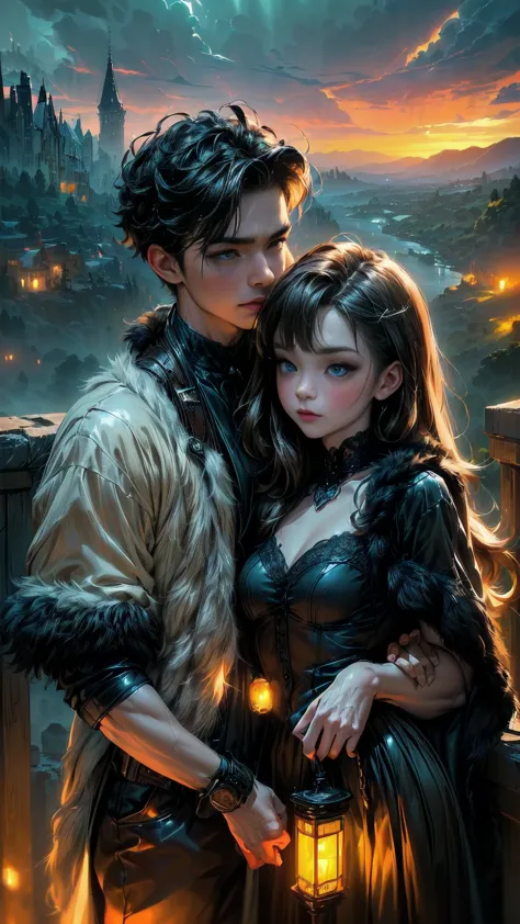 (a straight straight anime couple: 1.5, dark style, dark night, large eyes, small pieces, fluffy black fur:1.5), (dark gothic, v...