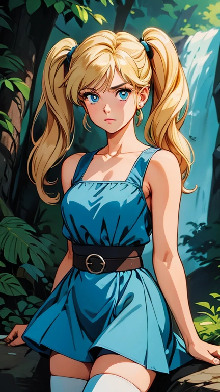 (Teens:1girl: bubbles), (extremely detailed CG unit 8k wallpaper),(master part), (best quality), (ultra detail), (best illustration),(GHIBLI_Background), cowboy shot, (Sharp eyeliner, ombre, detailed eyes:1), forest, outdoor, ,break , (lora:80'sFusion:0.6), upper body, blonde hair, blue eyes, short twintails, pigtails, dress, sky-blue sleeveless dress, black belt, white thighhighs