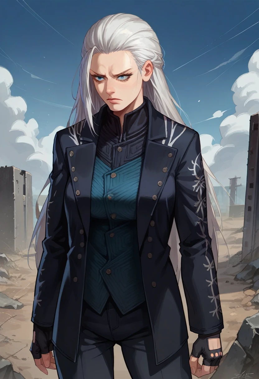 score_9, score_8_up, score_7_up, source_anime, 1girl, solo, dmc5vergil, white hair, long hair, medium breasts,blue eyes, black coat, fingerless gloves, pants, standing,upset, looking at down, wasteland, gray landscape, desolated, gray plain,