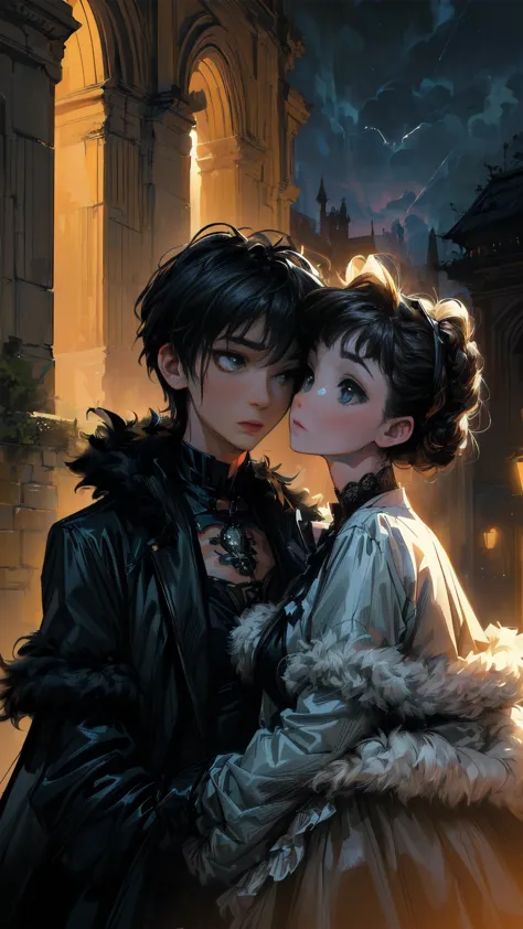 (a straight straight anime couple: 1.5, dark style, dark night, large eyes, small pieces, fluffy black fur:1.5), (dark gothic, v...