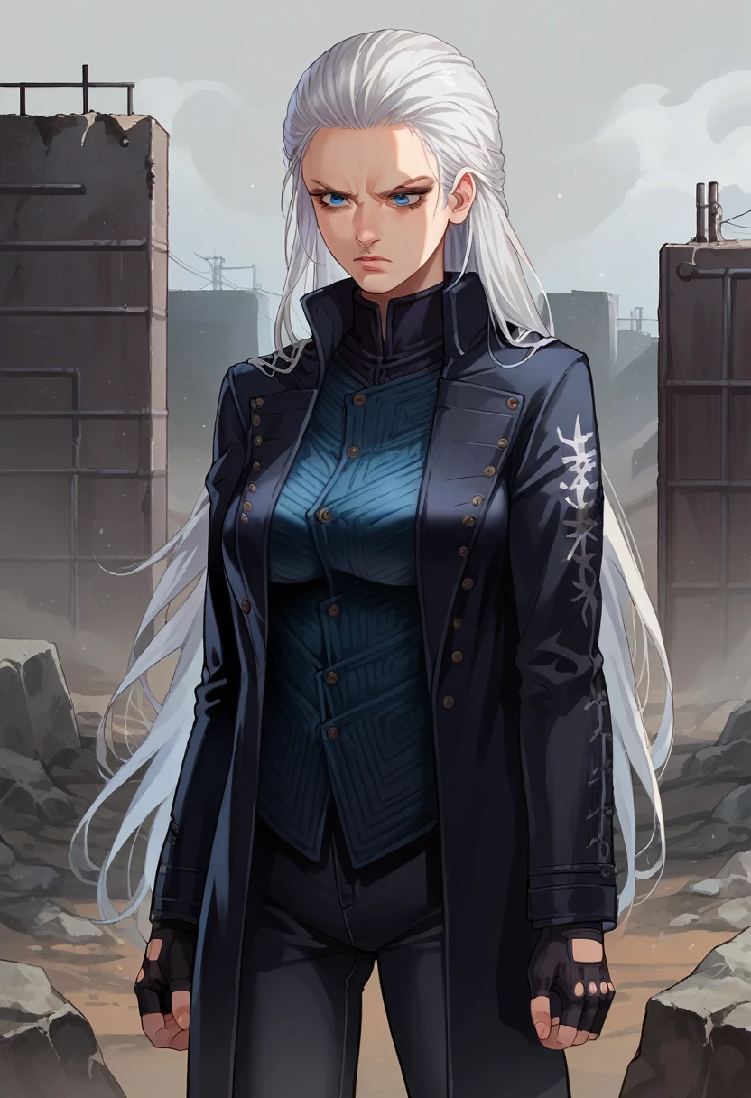 score_9, score_8_up, score_7_up, source_anime, 1girl, solo, dmc5vergil, white hair, long hair, medium breasts,blue eyes, black coat, fingerless gloves, pants, standing,upset, looking at down, wasteland, gray landscape, desolated, gray plain,
