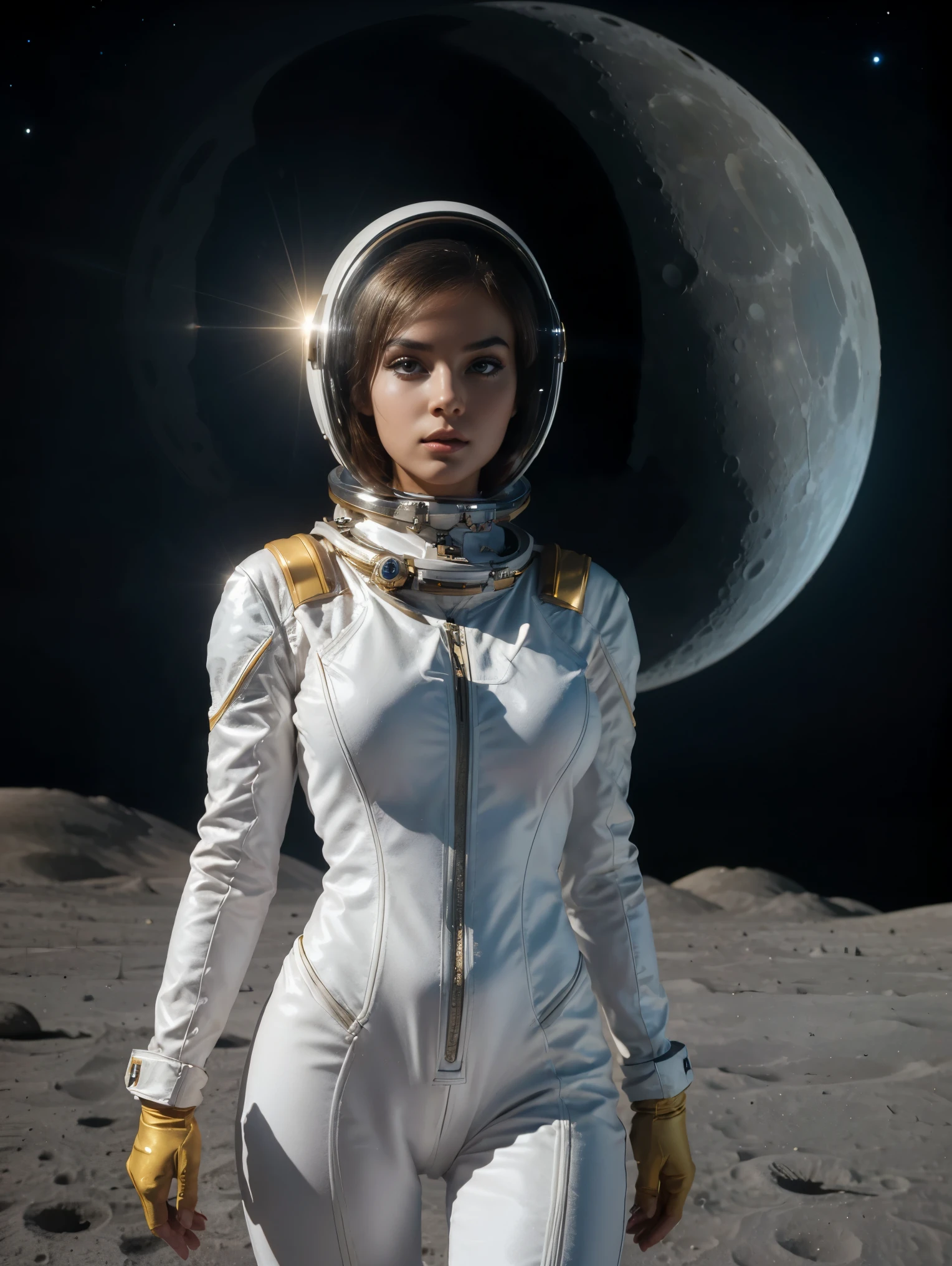 Gorgeous and sultry busty athletic (thin) astronaut with sharp facial features wearing a white space suit, opaque space helmet, gold visor, spacesuit, bodysuit, ray gun, jetpack, spaceship, 1960's, space, lunar surface, moon, earth rise, Earthrise, space, stars