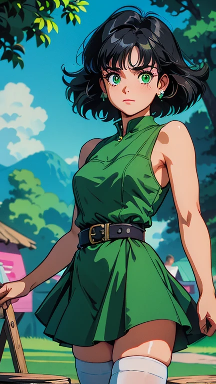 (Teens:1girl: buttercup), (extremely detailed CG unit 8k wallpaper),(master part), (best quality), (ultra detail), (best illustration),(GHIBLI_Background), cowboy shot, (Sharp eyeliner, ombre, detailed eyes:1), Playground, outdoor, ,break , (lora:80'sFusion:0.6), upper body, black hair, green eyes, short hair, messy hair)
(dress, light-green sleeveless dress, simple black belt, white thighhighs,