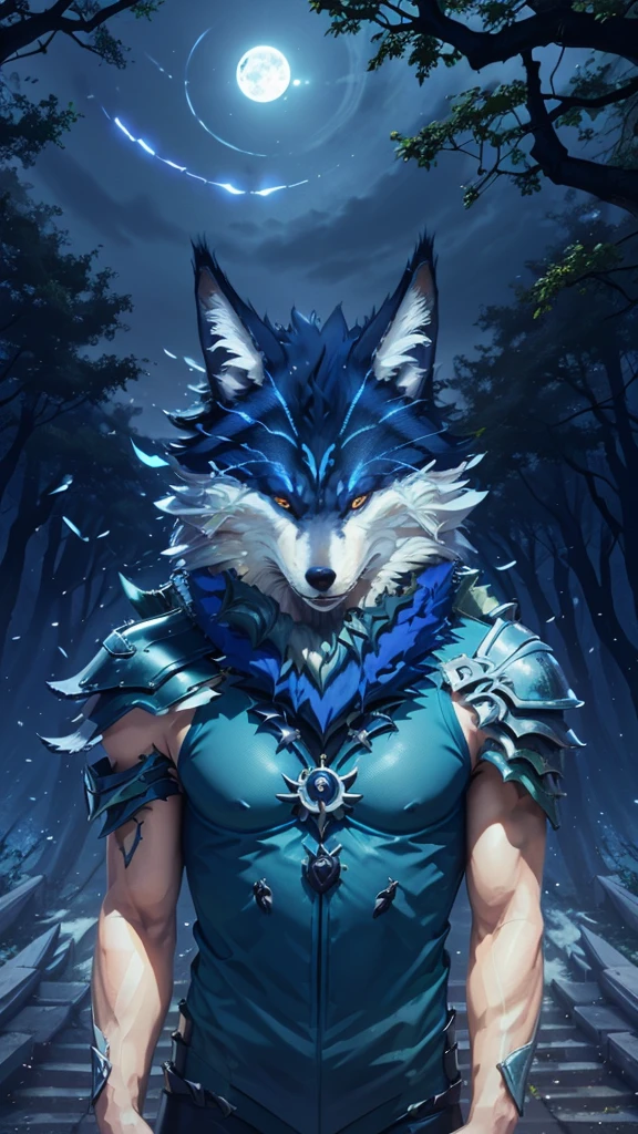 make an image of Andrius (wolf), he is looking at the camera, background of a forest at night