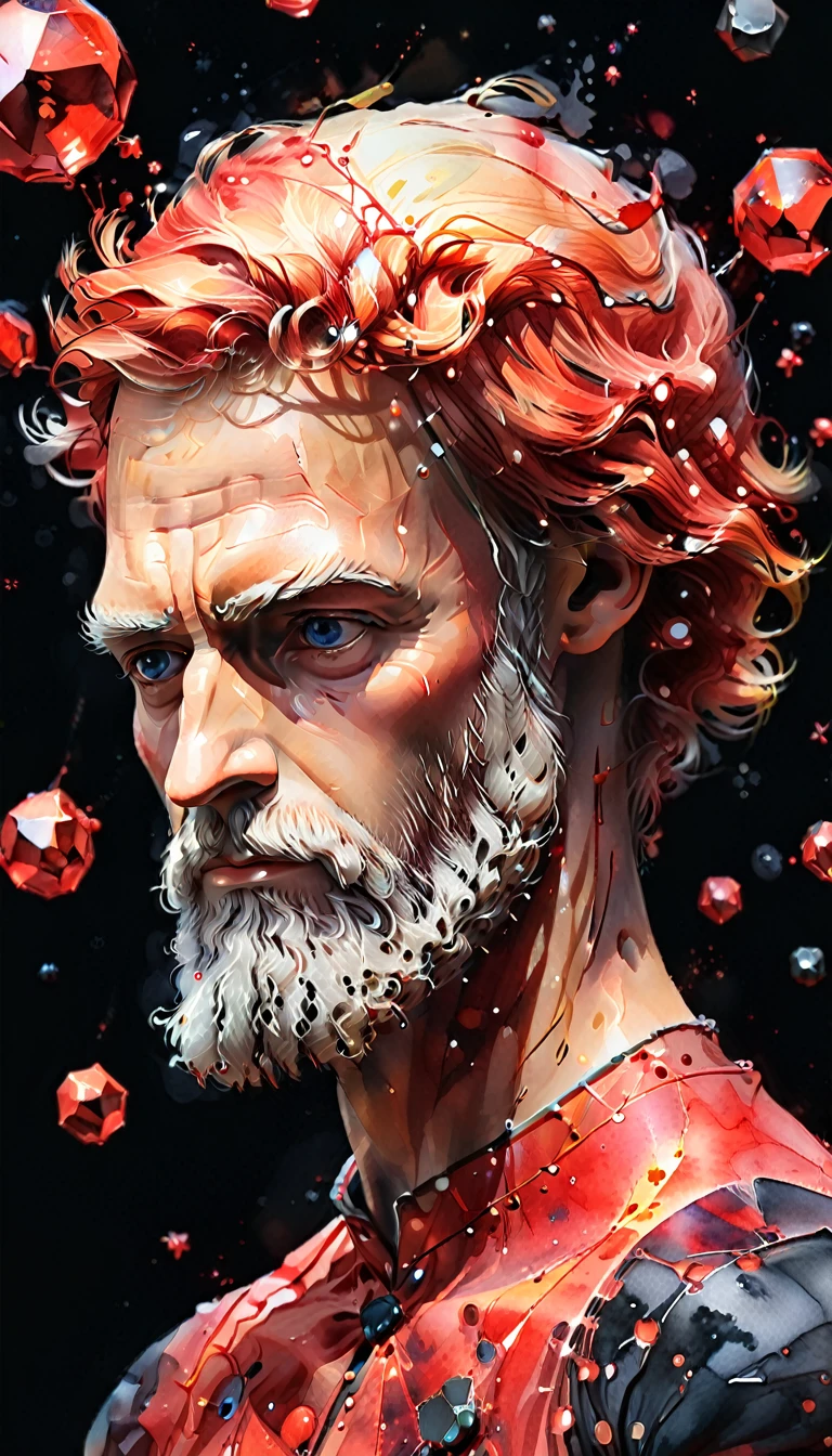 close up of Pythagoras, from the shoulder , Watercolor style, (red) Digital art, Black background, among atoms, official art, blown by the wind, masterpiece, Beautiful, ((watercolor)), splashes of paint, complex part. excellent detail, [dripping:0.7], trending on artstation, Rachel Walker
