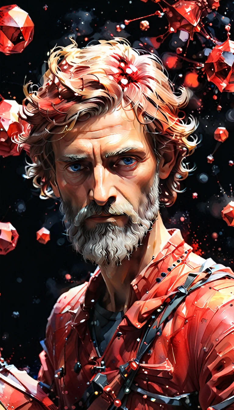 close up of Pythagoras, from the shoulder , Watercolor style, (red) Digital art, Black background, among atoms, official art, blown by the wind, masterpiece, Beautiful, ((watercolor)), splashes of paint, complex part. excellent detail, [dripping:0.7], trending on artstation, Rachel Walker
