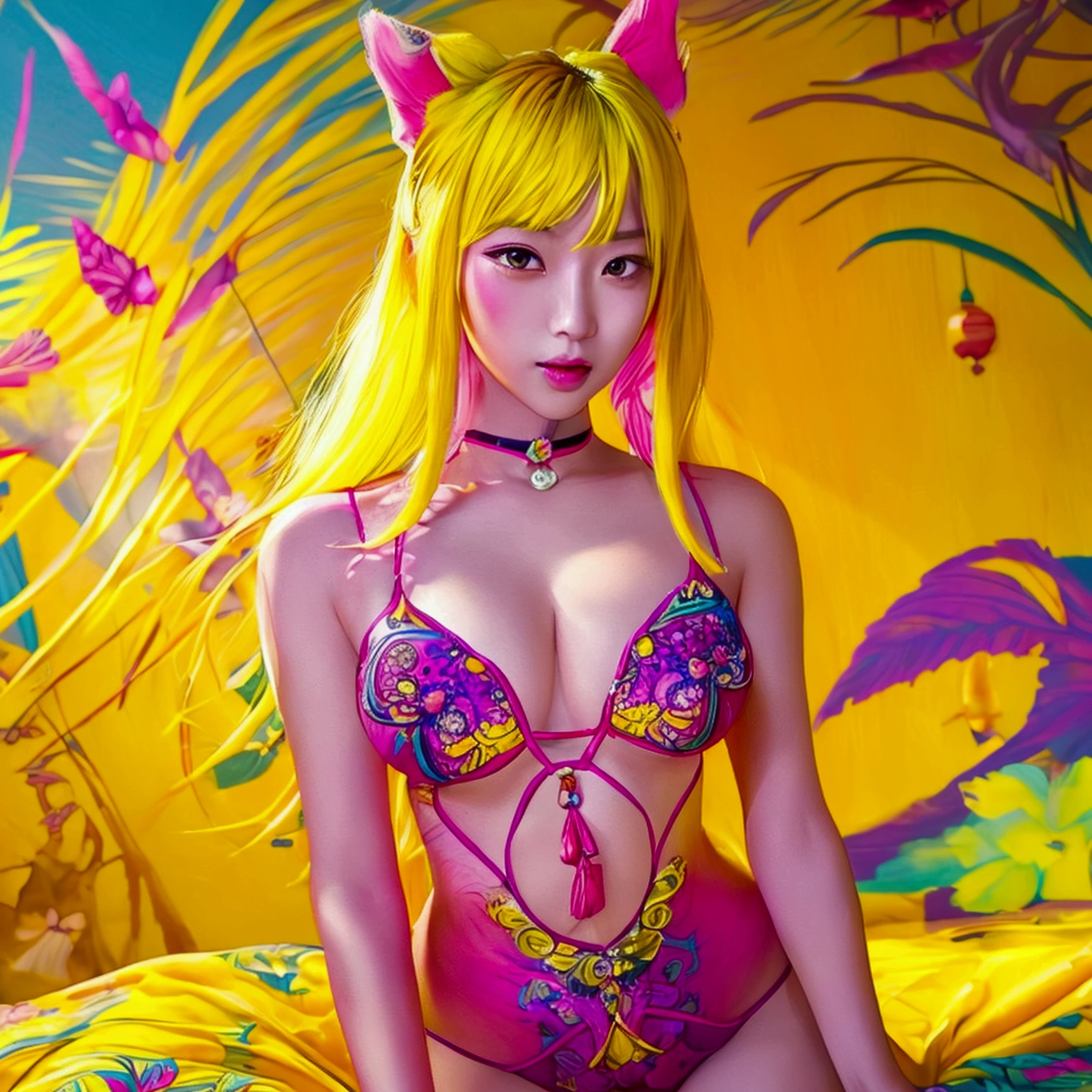 A stunning Asian girl with yellow hair strikes a seductive pose. She’s surrounded by a breathtakingly colorful backdrop, filled with vivid hues and beautiful, artistic details that create a mesmerizing and enchanting environment.