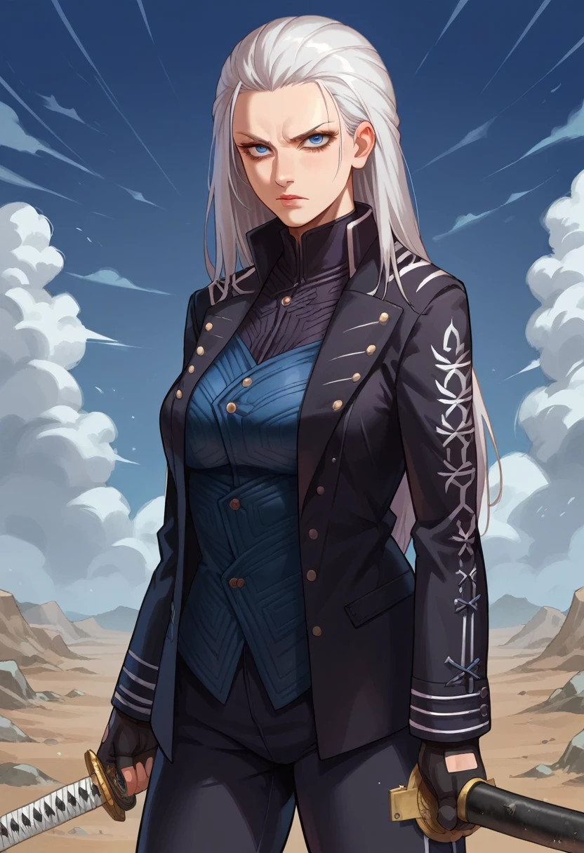 score_9, score_8_up, score_7_up, source_anime, 1girl, solo, female focus, dmc5vergil, white hair, long hair, medium breasts,blue eyes, black coat, fingerless gloves, pants, using katana blade, scabbard, standing, serious, looking at you, wasteland, gray landscape, desolated, gray plain,