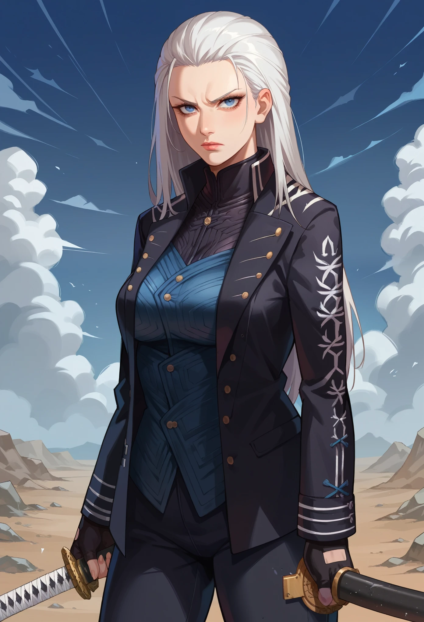 score_9, score_8_up, score_7_up, source_anime, 1girl, solo, female focus, dmc5vergil, white hair, long hair, medium breasts,blue eyes, black coat, fingerless gloves, pants, using katana blade, scabbard, standing, serious, looking at you, wasteland, gray landscape, desolated, gray plain,