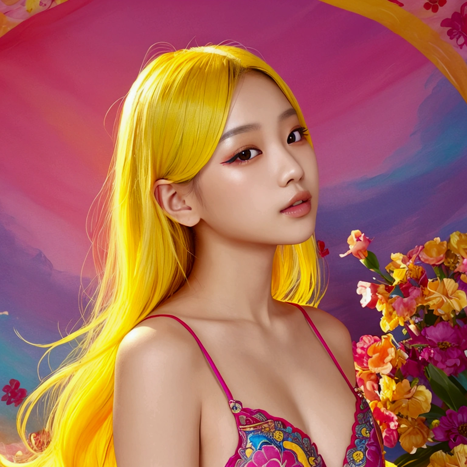 A stunning Asian girl with yellow hair strikes a seductive pose. She’s surrounded by a breathtakingly colorful backdrop, filled with vivid hues and beautiful, artistic details that create a mesmerizing and enchanting environment.