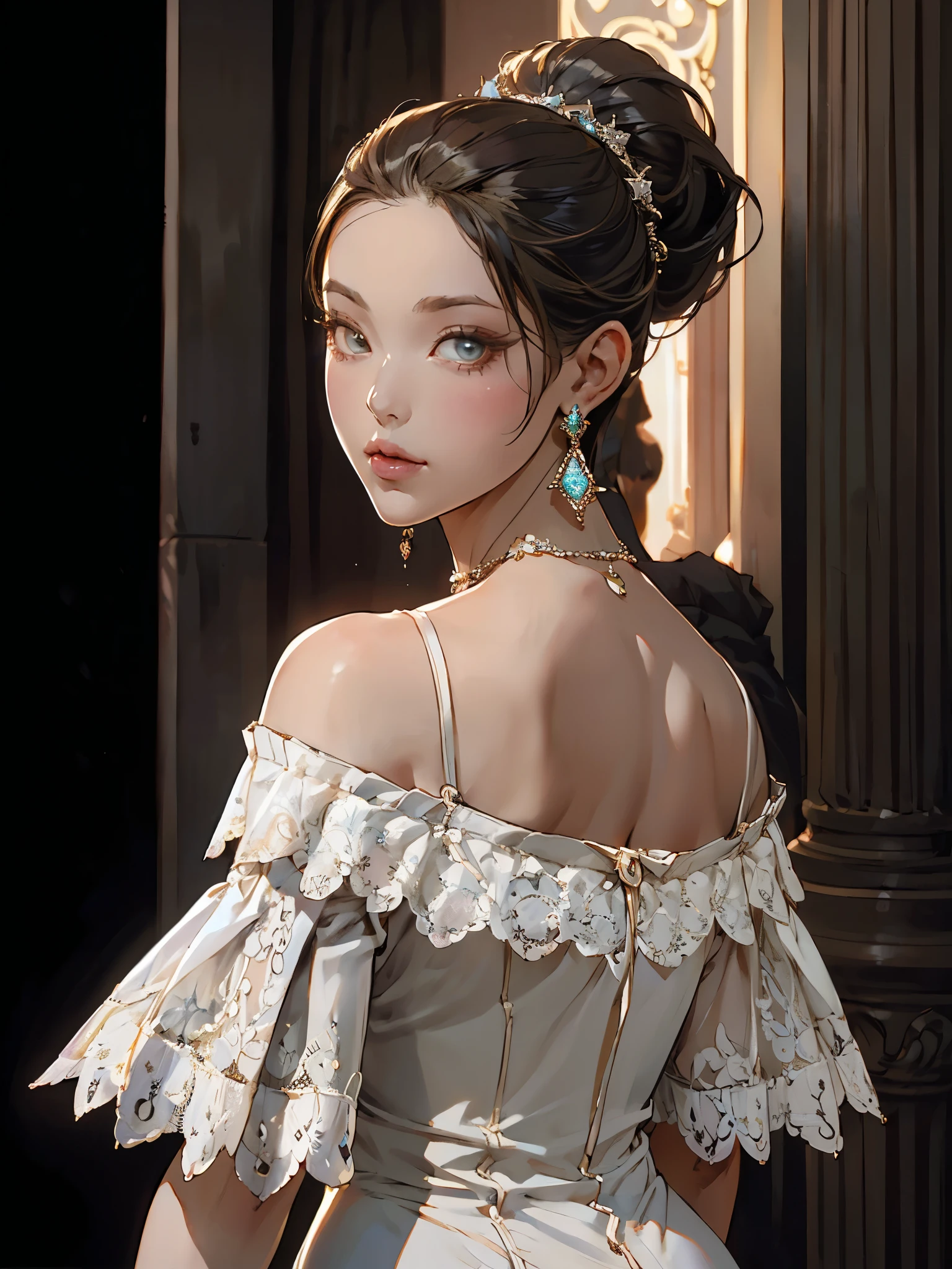 girl, from side, (lace-trimmed off-shoulder lace dress:1.2), satin, draped, detailed face, (looking at viewer:1.4), alluring, opulence, high ponytail updo, star ensemble accent statement earring and necklace, sparkling, ethereal, elegance, chic, sophisticated, grace, modern, classic, gleaming, confidence, power, dramatic sweet, pure, mysterious, dreamlike, otherworldly beauty, tyndall effect, soft, diffused lighting, high bloom, glowing light, soft highlights, radiant aura, overexposed edges, masterpiece, best quality, (realistic, photorealistic:1.0), cinematic, neon sign, tall building, white diamond earring, bracelets, fantasy empress, stylish, sexy,