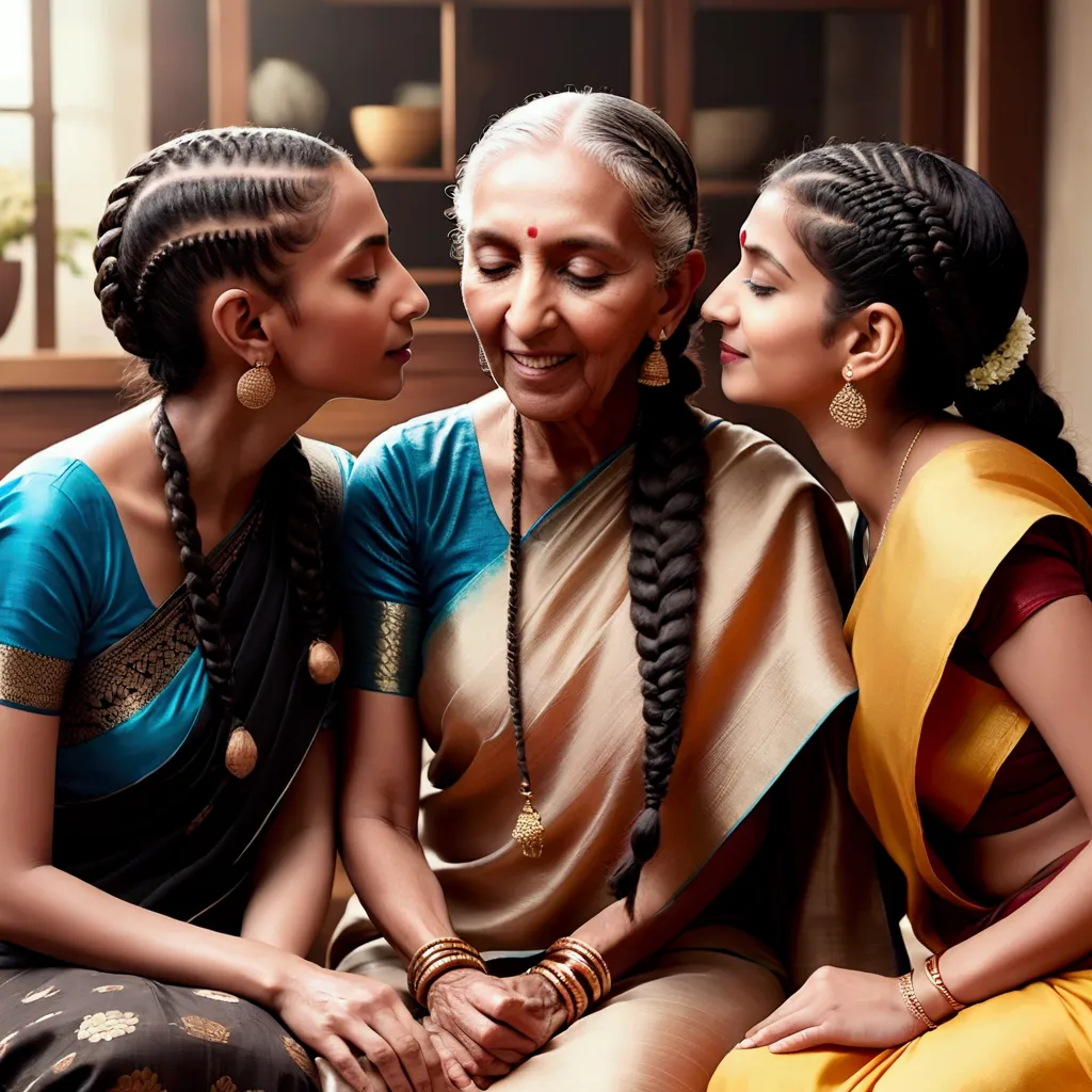 three indian eldery,mature,younger huththige kello  in sarees at luxerius cozy items sorrounded cozy home,their black 10 numbers...