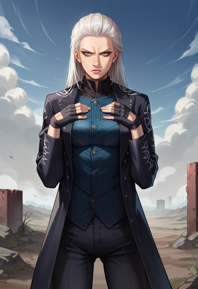 score_9, score_8_up, score_7_up, source_anime, 1girl, solo, female focus, dmc5vergil, white hair, long hair, medium breasts,blue eyes, black coat, fingerless gloves, pants, hands on breasts, standing, serious, looking down, wasteland, gray landscape, desolated, gray plain,