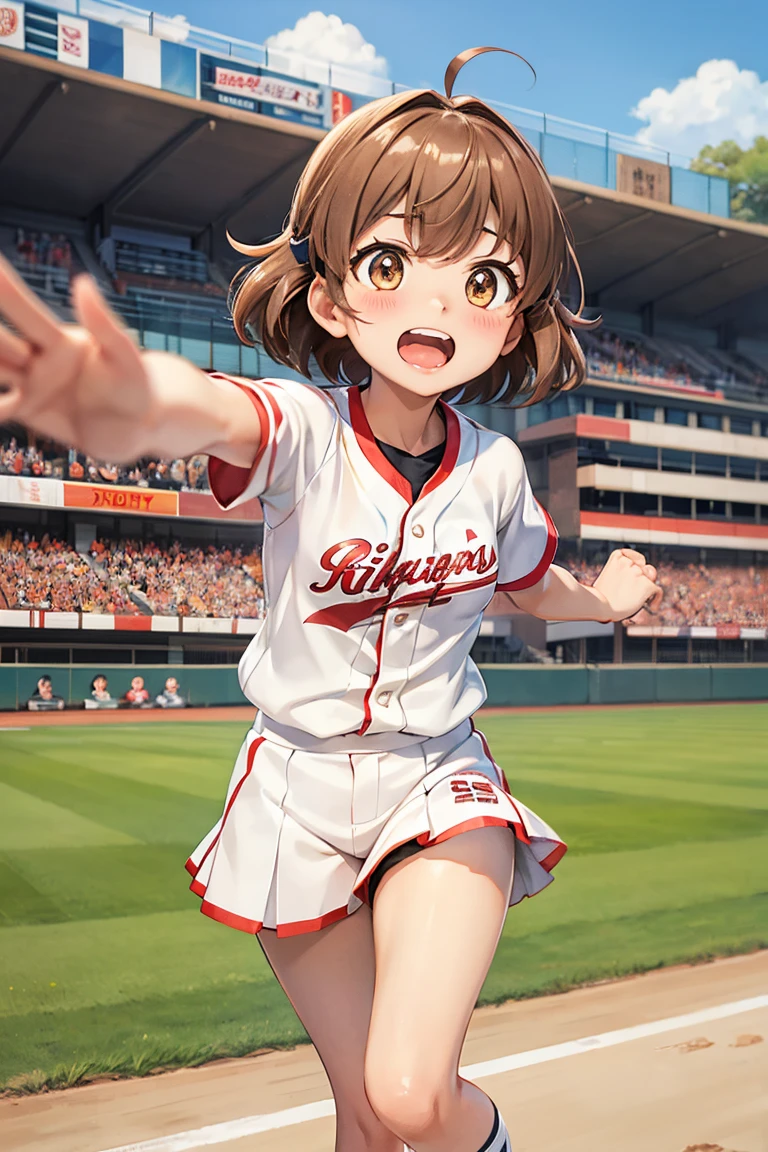 Tachibana Hibiki、One Woman、Light brown hair、Short Hair、Small waist、Thin legs、blush、Screaming、Baseball cheering、Stadium seating、Hiroshima Toyo Carp uniforms