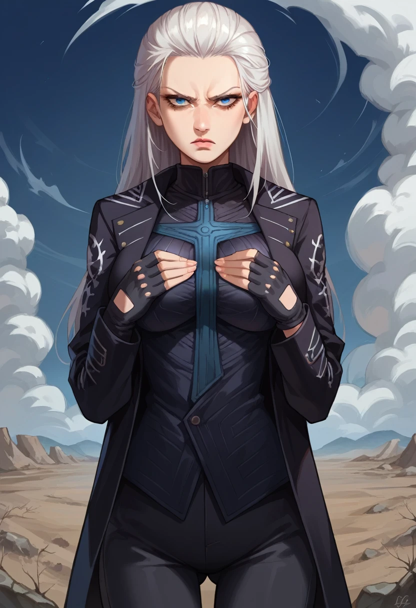 score_9, score_8_up, score_7_up, source_anime, 1girl, solo, female focus, dmc5vergil, white hair, long hair, medium breasts,blue eyes, black coat, fingerless gloves, pants, hands on breasts, standing, serious, looking down, wasteland, gray landscape, desolated, gray plain,