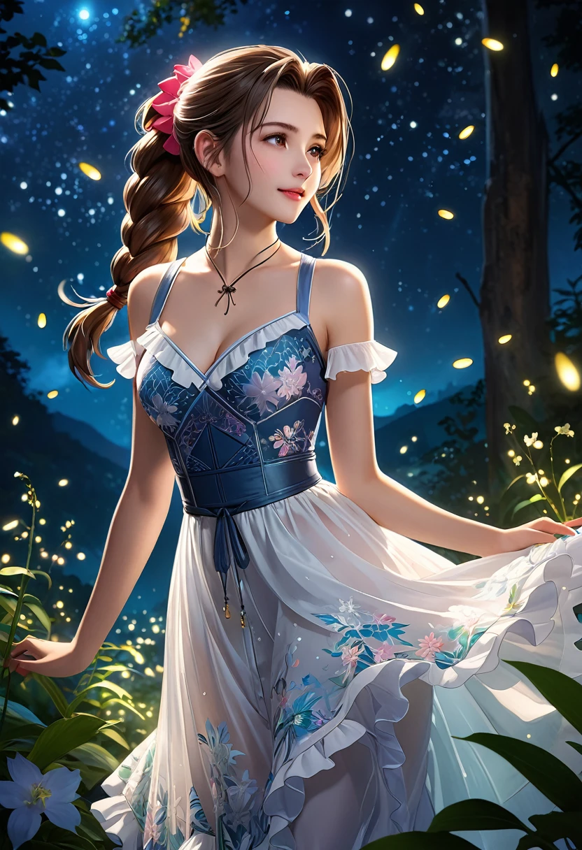 (((masterpiece))),((Highest quality)),beautiful girl, Aerith, Sexy witch, bangs、(Long Hair, Braided Ponytail:1.5)、(((Large, firm, swaying bust, Deep valley)))、2、Translucent white skin, Shining Sweat, (A gorgeous frilled dress with an intricate pattern:1.5)、Japanese、 Beautiful digital art, Beautiful fantasy art, Dynamic Selly Pose, A kind smile, Mysterious Background, aura, A gentle gaze, break, Small faint lights and flying fireflies, night, lanthanum,