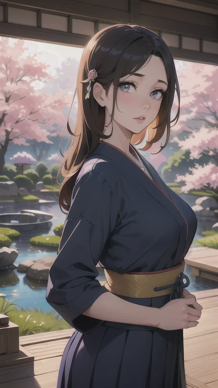 a beautiful girl with elegant features, long dark hair, wearing a traditional japanese school uniform, expressive eyes, detailed facial features, intricate hairpin accessories, delicate porcelain skin, standing in a serene japanese garden setting with cherry blossoms, beautiful detailed eyes, beautiful detailed lips, extremely detailed eyes and face, long eyelashes, refined, elegant, photorealistic, 8k, masterpiece, vibrant colors, warm lighting, cinematic composition, atmospheric, whimsical, fantasy, magical realism, highly detailed