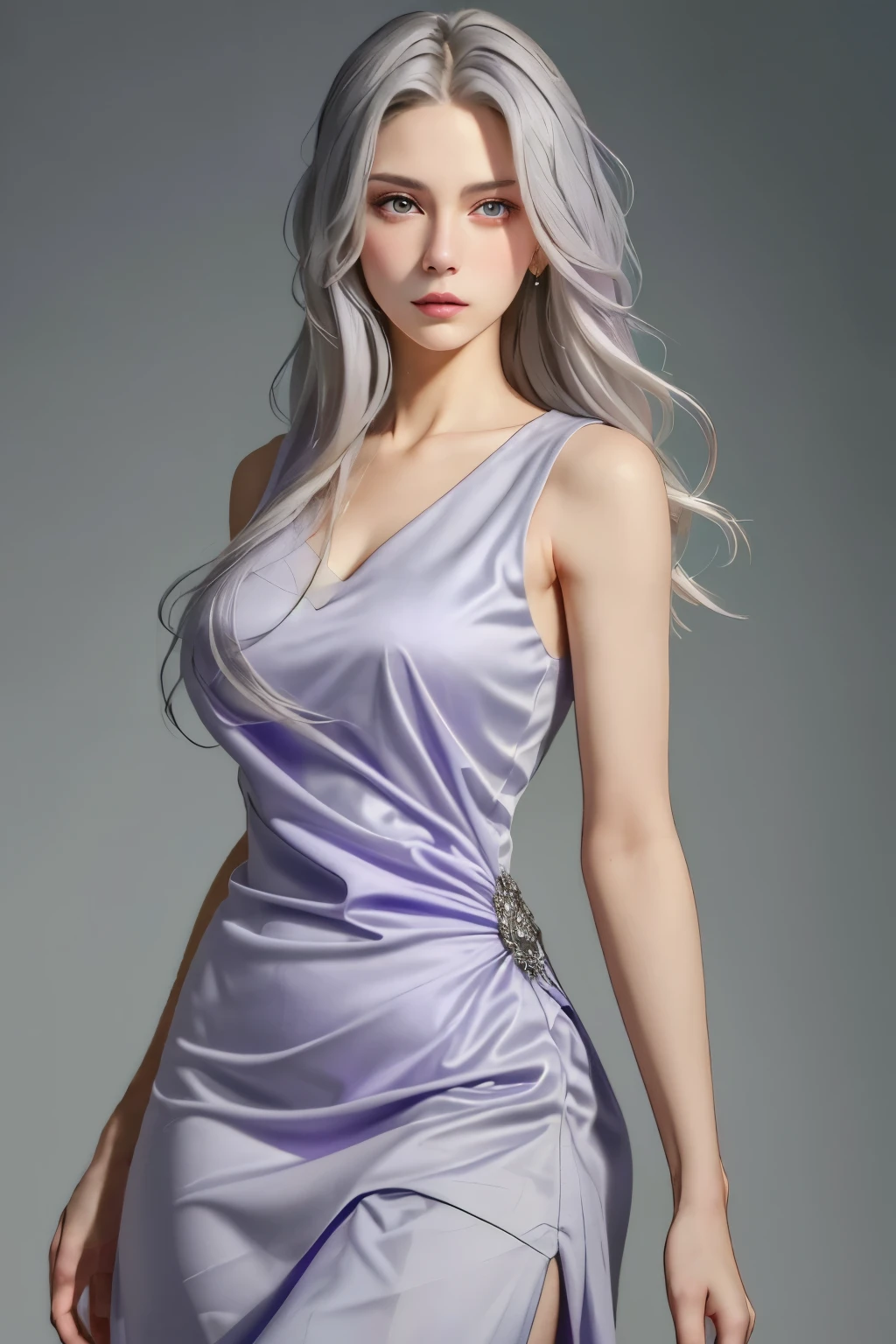 (oil, masterpiece, highest quality, Super detailed, Focus on the characters), Young woman, pale skin, ((a long gray hair)). ((a elegant purple sleeveless dress)).  She has a serene expression. ((Looking straight ahead)), the background is a soft light blue gradient, giving the image an ethereal and calm feel