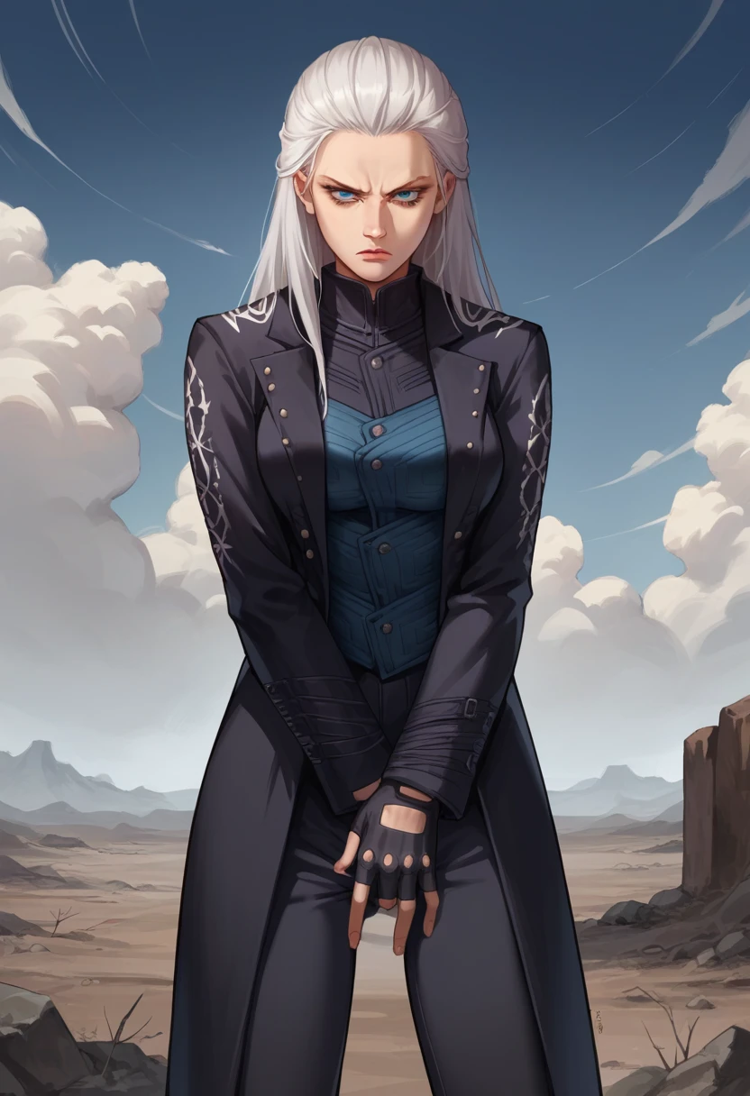 score_9, score_8_up, score_7_up, source_anime, 1girl, solo, female focus, dmc5vergil, white hair, long hair, medium breasts,blue eyes, black coat, fingerless gloves, pants, grabbing own crotch, standing, serious, looking down, wasteland, gray landscape, desolated, gray plain,