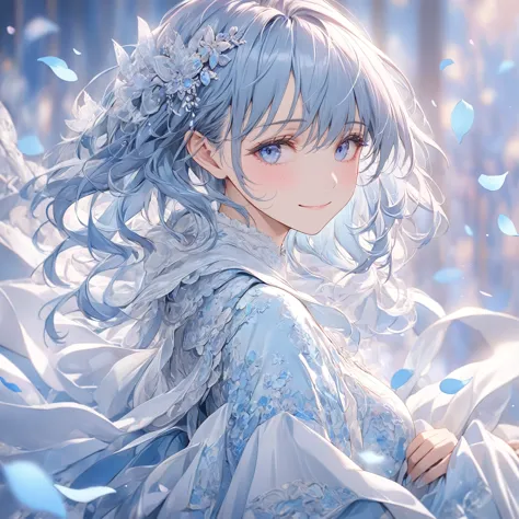 (masterpiece),(highest quality:1.2),beautiful detailed blue eyes,(beautiful silky pastel blue hair:1.2),((blue and white costume...