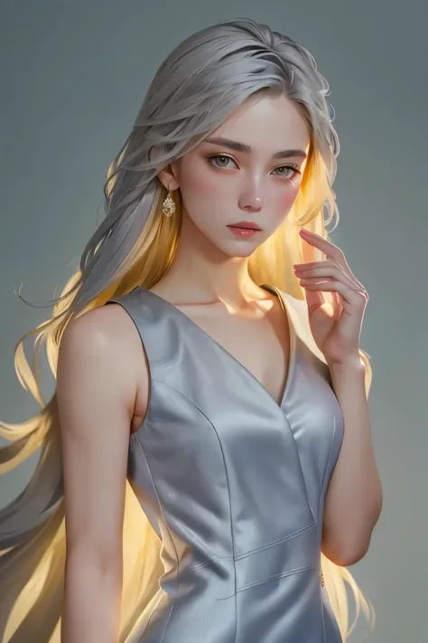 (oil, masterpiece, highest quality, super detailed, focus on the characters), young woman, pale skin, ((a long gray hair)). ((a ...