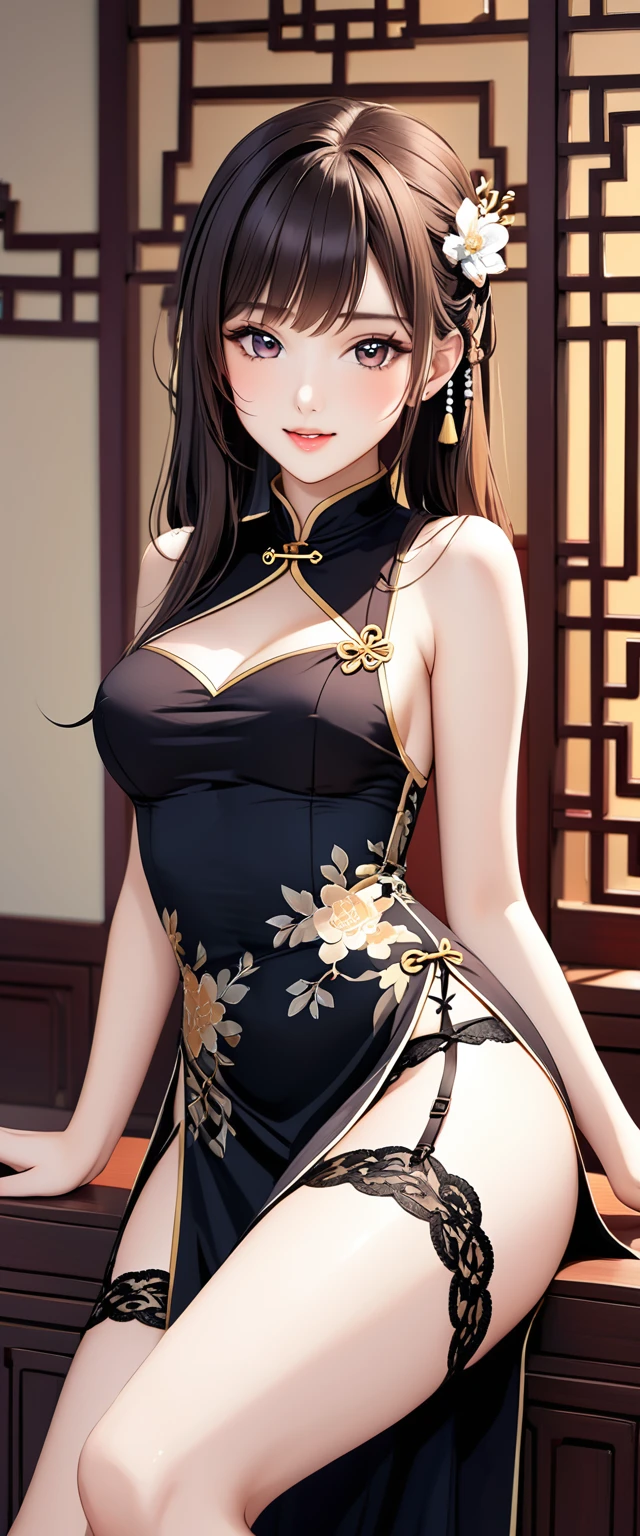 High resolution, Adult women , Good lighting, contemptible, , (no nudity), (((Chinese dress))), (()), ((())), (garter belt), Abdomen only, (),  ,  cute face, I&#39;I感到尷尬和臉紅, Humiliating, ((Turn around and look back)), ((perspective))()(T-back)(a lot on the body,)