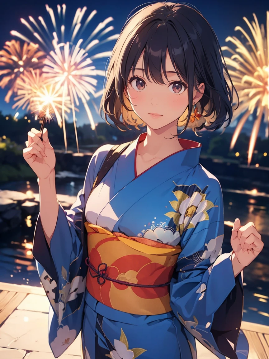 1 personの,, masterpiece, Very detailed, figure, Game CG, Absurd, high quality, (1 person), (Medium chest), Beautiful attention to detail, Glossy Lips, Natural light, Navy blue yukata、firework、fireworkに照らされた笑顔、Night view、（Above the shoulders）、Black Hair、Shortcuts、（Backlight）、（Turning around）、（Top view）、Looking up
